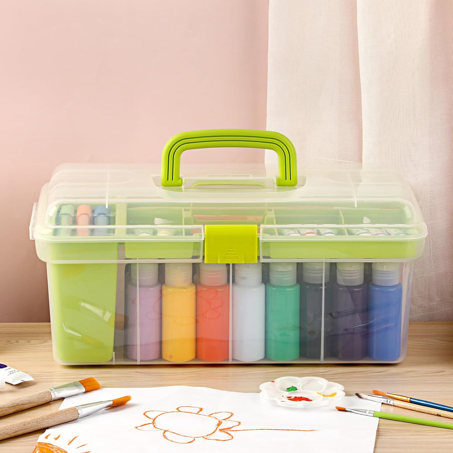 JUXYES Plastic Clear Craft Paint Bottle Storage Box with Divided Tray and Cleaning Cup, Portable Acrylic Paint Storage Organizer Case with Lid, Storage 36 Bottles of 2 fl. oz Acrylic Paints, Green