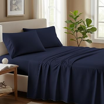 Decorza 800 Thread Count Organic Cotton King Sheet Set 4 Piece Luxury Sateen Weave Bed Sheets, Soft & Cooling, Deep Pocket Fits up to 18, Durable Hotel Quality Bedding Midnight Blue, King