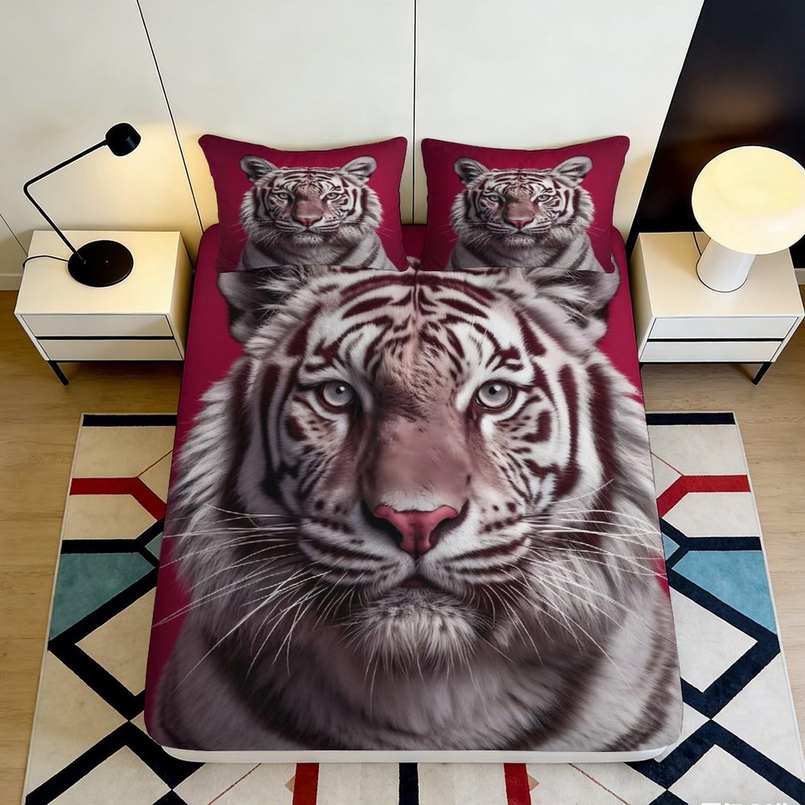 3D Printed White Tiger Fitted Sheet Microfiber Red Artistic Tiger Family Mattress Cover Bedroom Dorm Decor 90x200x25cm