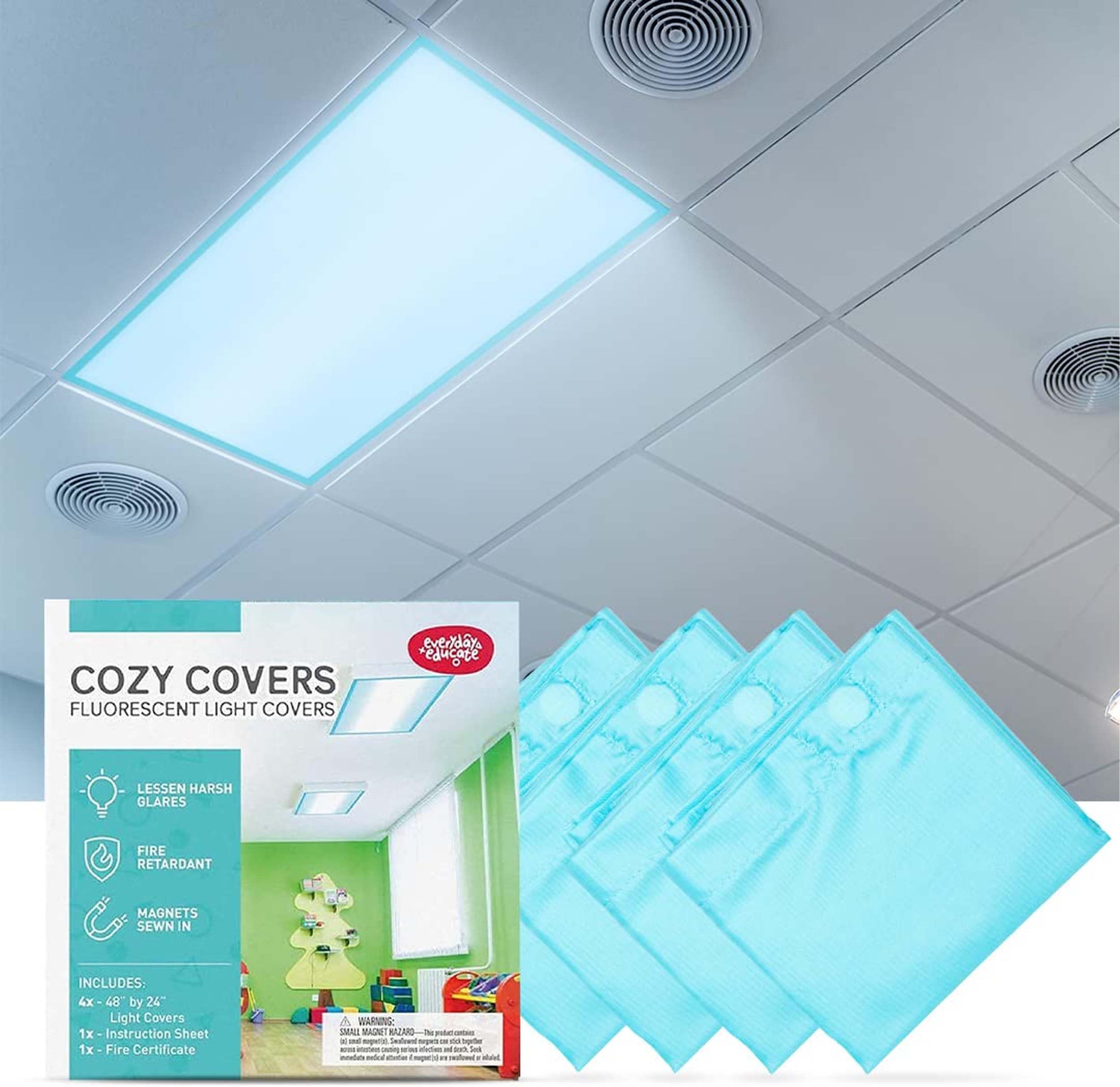Fluorescent Light Covers | Fluorescent Light Covers for Ceiling Lights, Classroom, Office, or Blue Light Covers Fluorescent Filter- Eliminates & Glare - 48" by 24" (4 Pack, Sky Blue Panel)