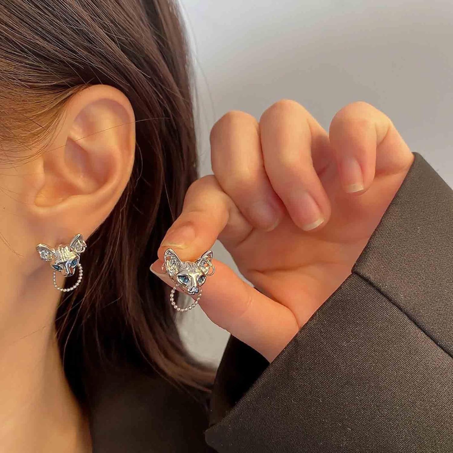 Andelaisi Boho Cat Earrings Silver Cat Studs Earrings Vintage Cat Tiny Earrings Punk Cat Halloween Earrings Jewelry for Women - Image 2