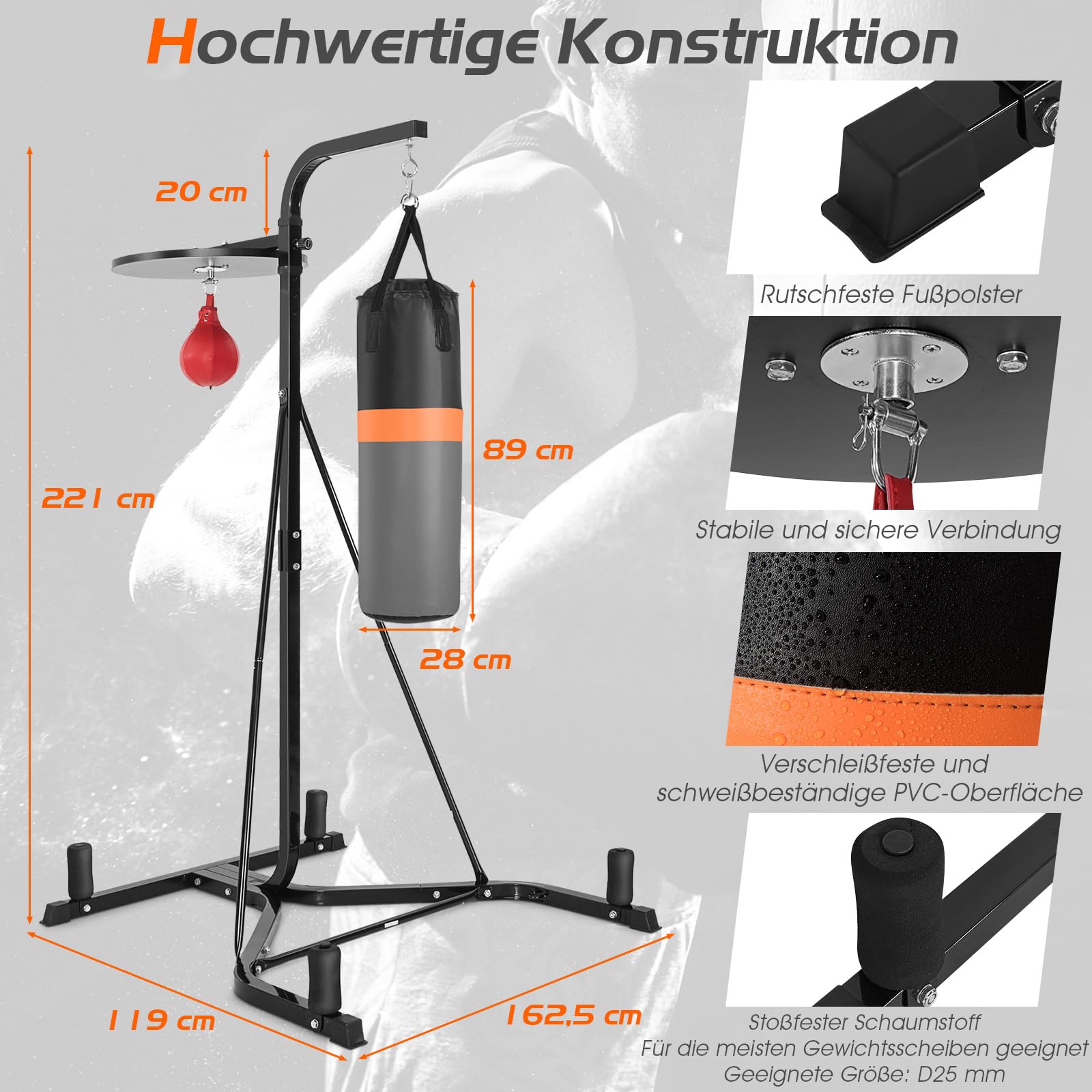 COSTWAY Stojak na worek bokserski 2 w 1, wolnostojący, uchwyt na worek bokserski z workiem bokserskim i regulowaną wysokością Speed Ball, stojak na worek z piaskiem z metalową ramą, obciążenie 100 kg