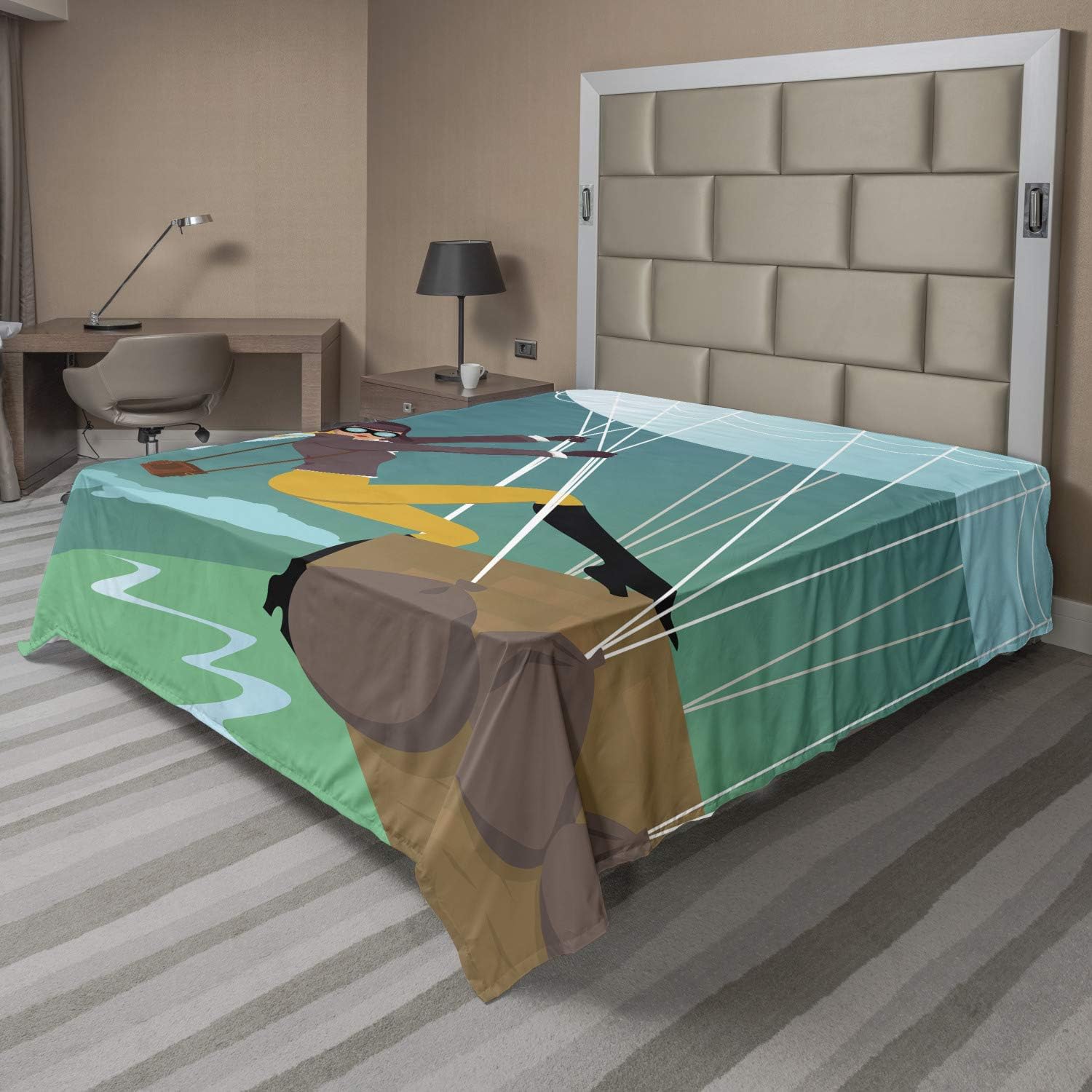 Ambesonne Explore Flat Sheet, Vintage Cartoon Style Explorer Spy Woman Adventurer on a Hot Air Balloon, Soft and Comfortable Top Sheet Decorative Bedding 1 Piece, Full Size, Multicolor