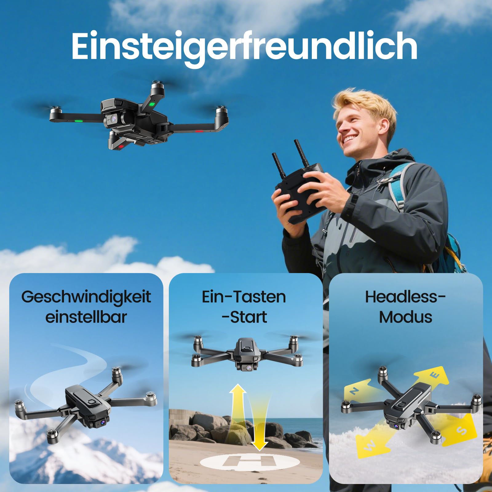 DEERC D35 GPS Drohne mit 4K Kamera für Anfänger, Faltbare RC Drohnen für Erwachsene mit Follow-Me, Auto Rückkehr, Bürstenlosem Motor, 5G-Übertragung, 60 Min. Flugzeit, 3 Akkus