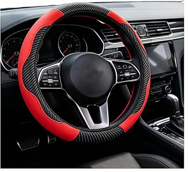 15" Carbon Fiber Leather Steering Wheel Cover, Anti-Slip Breathable Elastic Grip with Colorful Stitching, Universal Fit for Most Cars - Enhanced Driving Safety & Protection