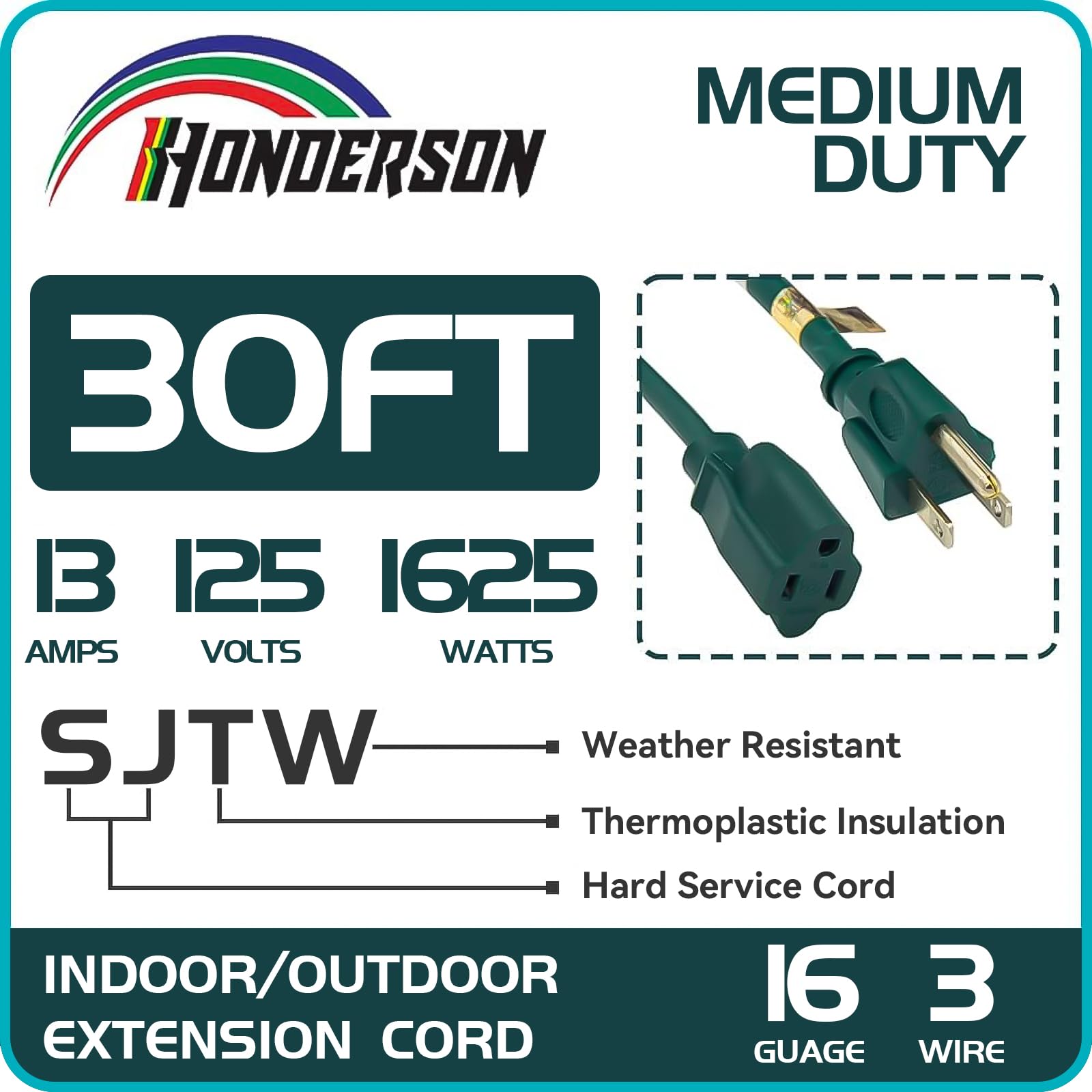 30FT Outdoor Extension Cord-16/3 SJTW Durable Green Extension Cable with 3 Prong Grounded Plug for Safety, Great for Outside Christmas Decorations