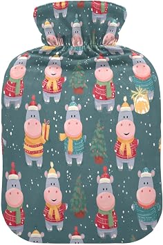 Christmas Hippo Hot Cold Water Bottle with Fleece Cover PVC Hot Water Bag 1 Liter