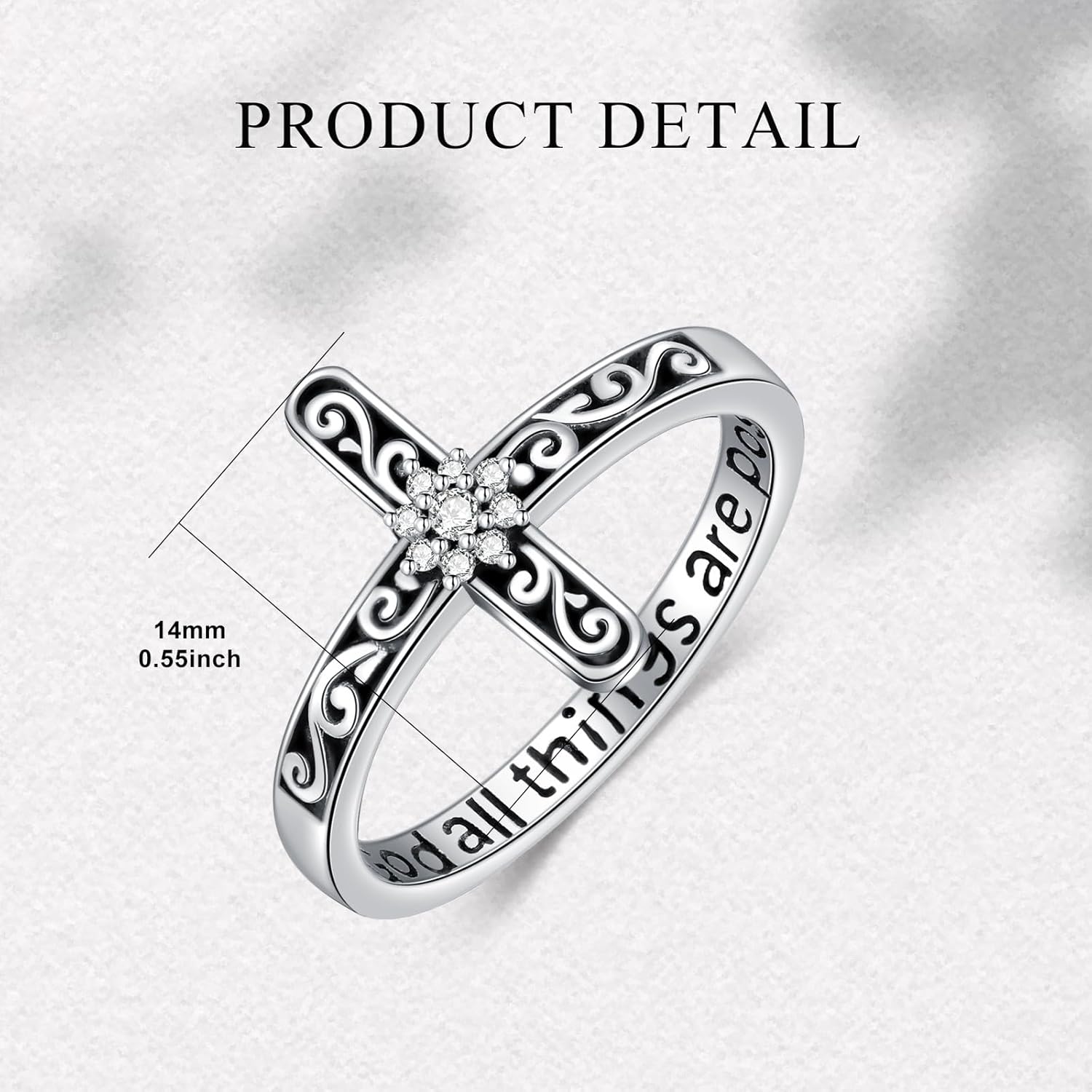 Diamond Cross Ring for Women Sterling Silver with God All Things are Possible Vintage Filigree Christian Ring with Lab Grown Diamond, Size 4-15