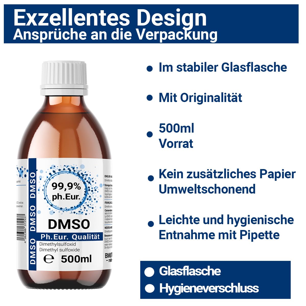 500ml DMSO 99,9% – Dimethylsulfoxid in pharmazeutischer Reinheit nach Ph. Eur. – Hochwertige Lösung in lichtgeschützter Braunglasflasche