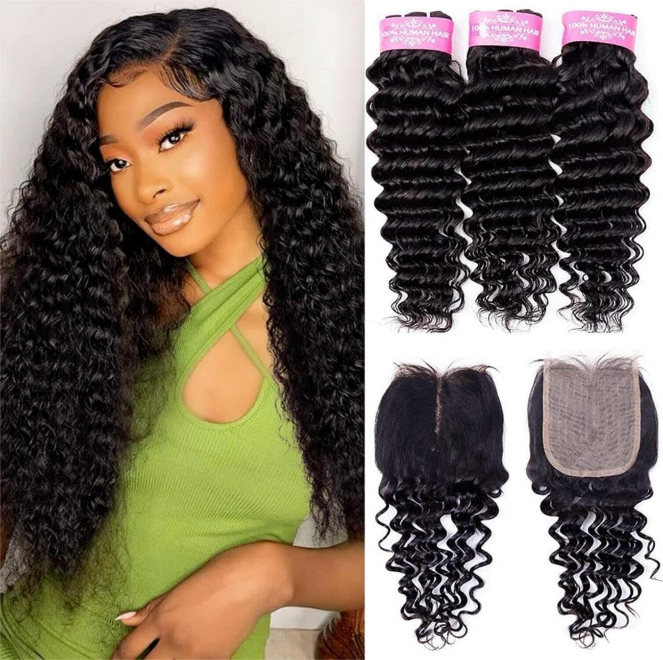 Sexycat Deep Curly Bundles with 4x4 Lace Closure Human Hair 16 18 20+14 Inch 100% Unprocessed Brazilian Virgin Hair Extensions Water Wave Weave Bundles with Middle Part Closure