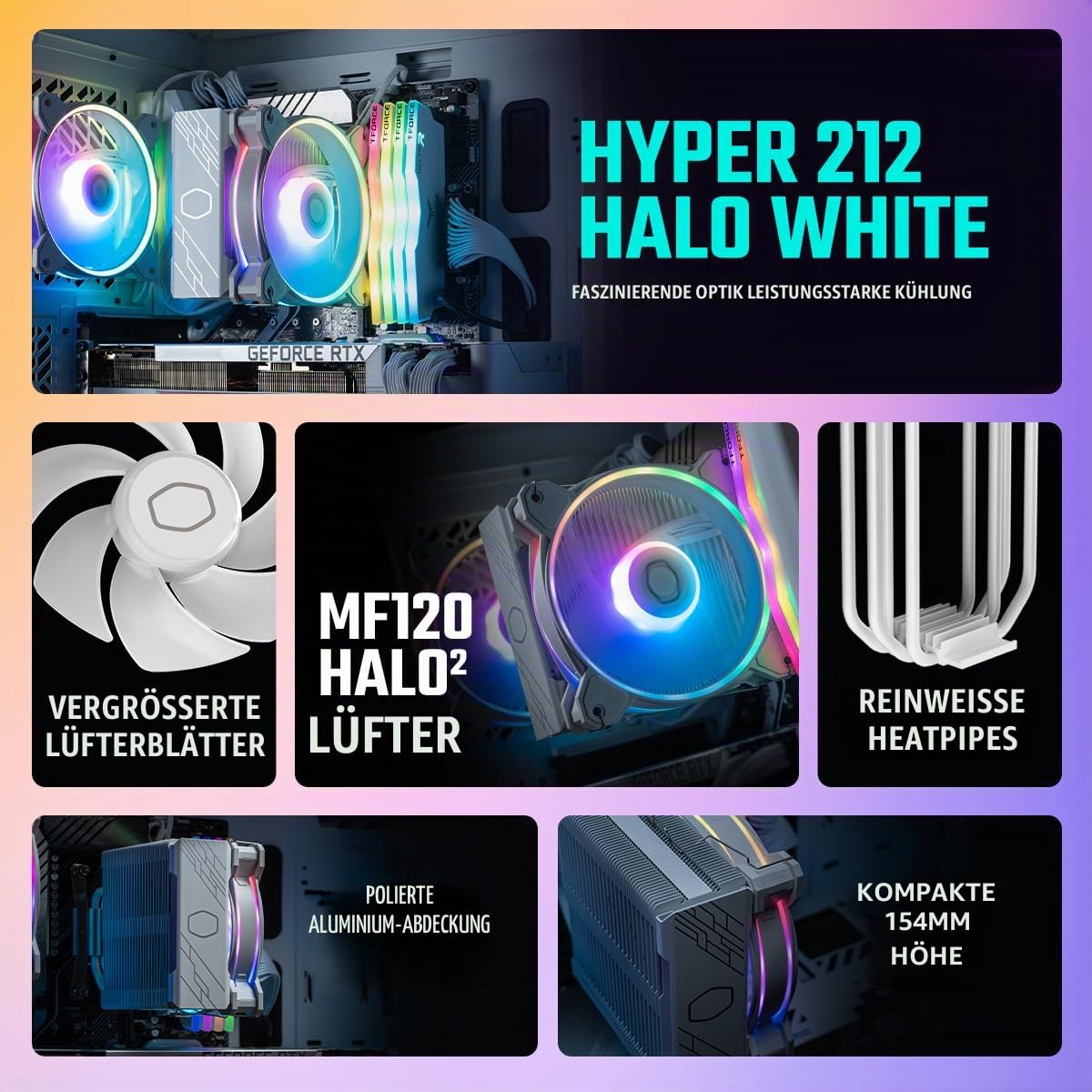 Cooler Master Hyper 212 Halo CPU-Luftkühler – reinweißes Aluminium-Finish, 4 kontinuierliche Direktkontakt-Heatpipes mit Lamellen… – Ansicht 2