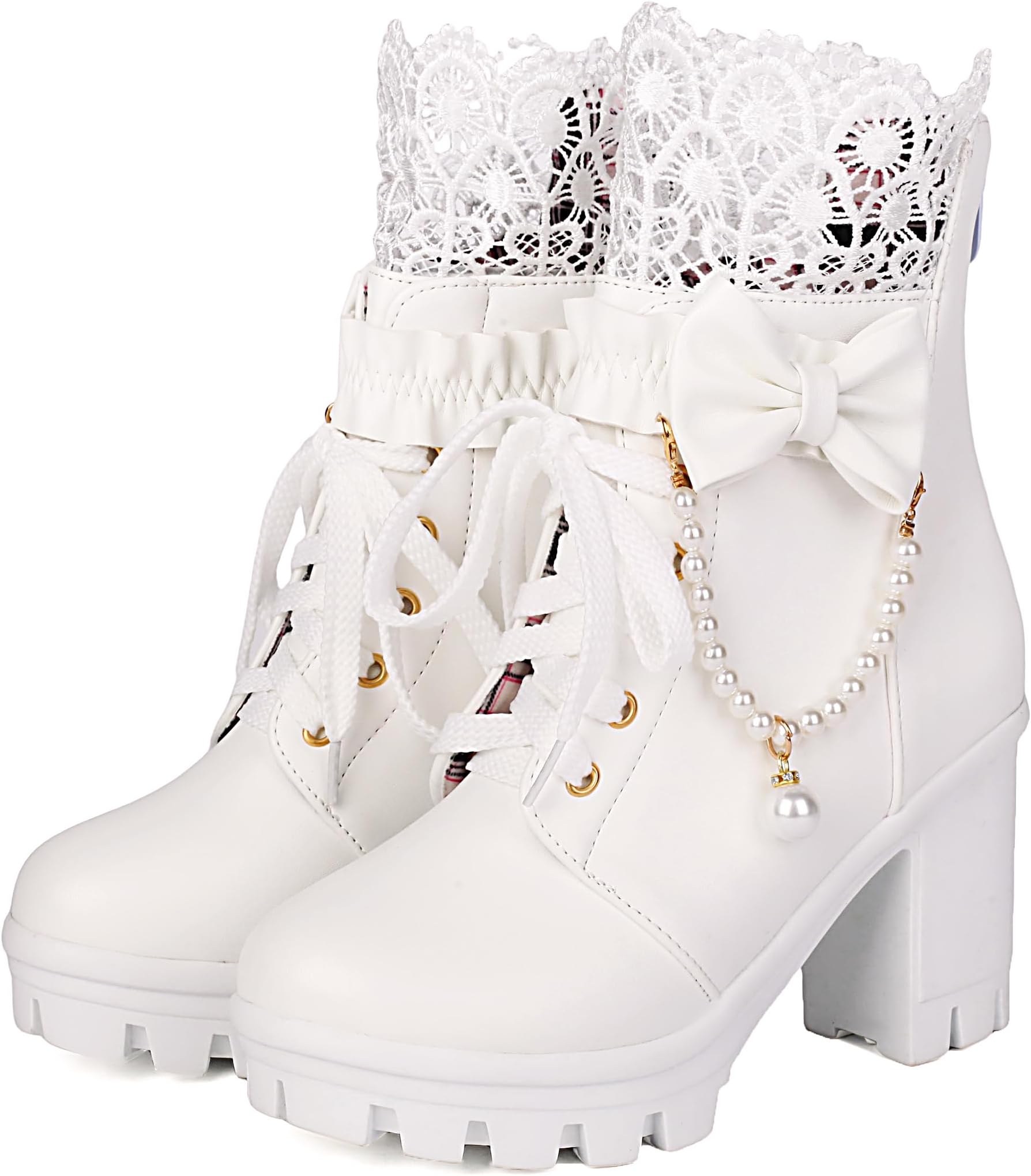 Women's Platform Ankle Boots with Lace Pearl Chain Bow Chunky High Heel Goth Combat Boots