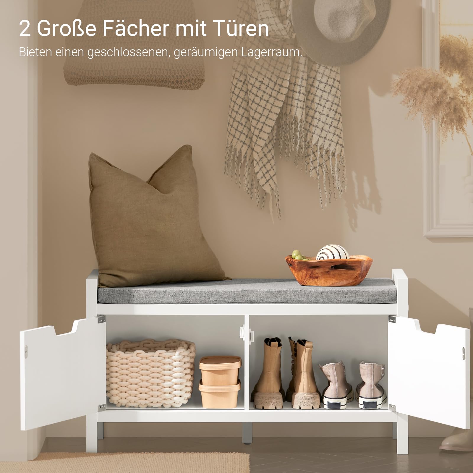 SoBuy Schuhbank mit Sitzfläche und Stauraum – Schuhregal Flur Sitzbank mit Truhe – Gepolsterte Sitzfläche & große Klappe – Für Eingangsbereich & Wohnzimmer – Weiß MDF 91x30x50cm FSR63-II-W