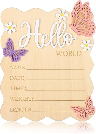 Baby Announcement Sign, Rectangle Wooden Hello World Baby Sign with Flower and Butterfly Patterns Cute Delicate Newborn Plaque for Newborn Boys Girls Photo Props Nursery Home Decor