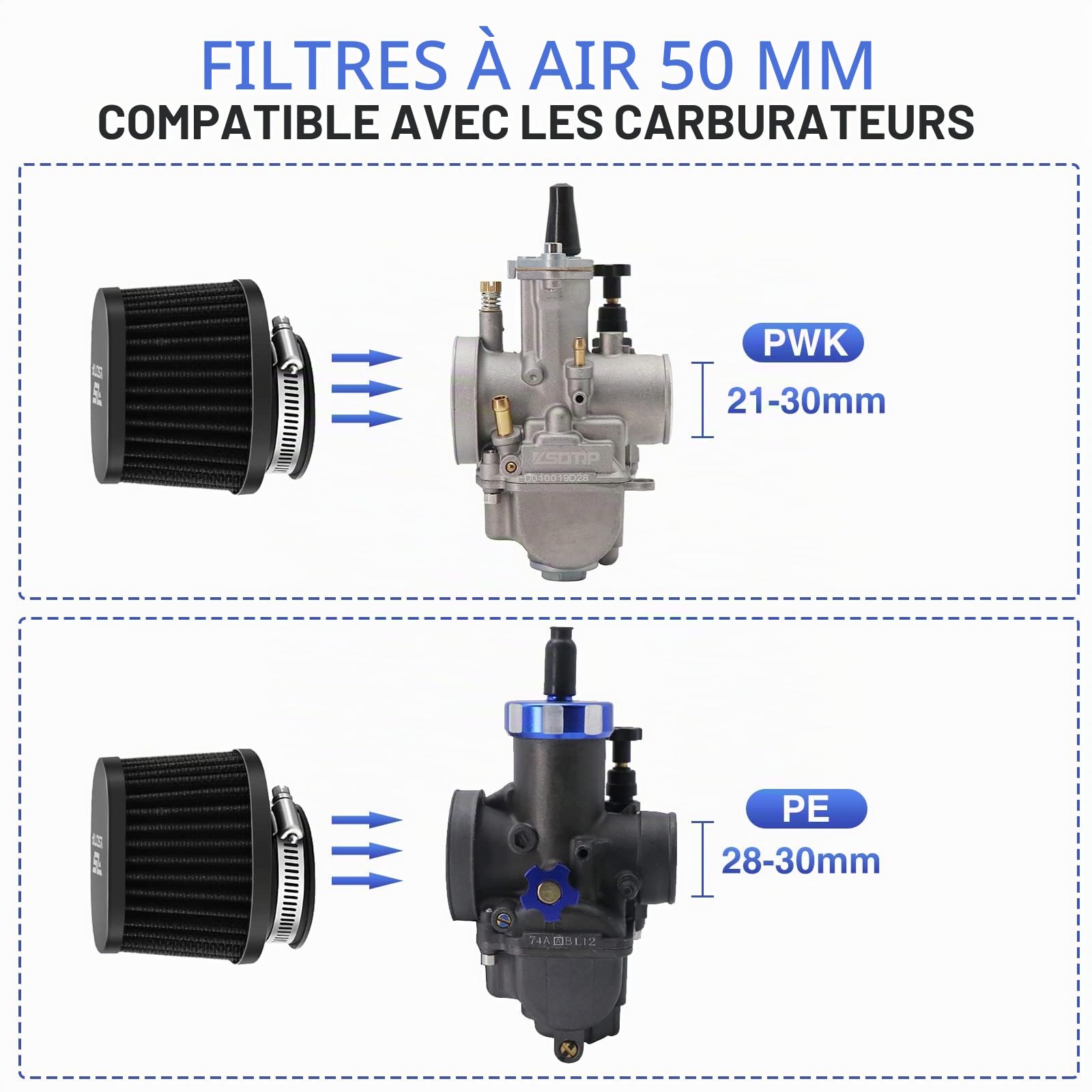 Lot de 2 filtres à air universels de 50 mm pour moto tout-terrain, haute performance, pour motocross, scooter, cyclomoteur, Yamaha, Honda, Suzuki, Kawasaki, ATV (noir)