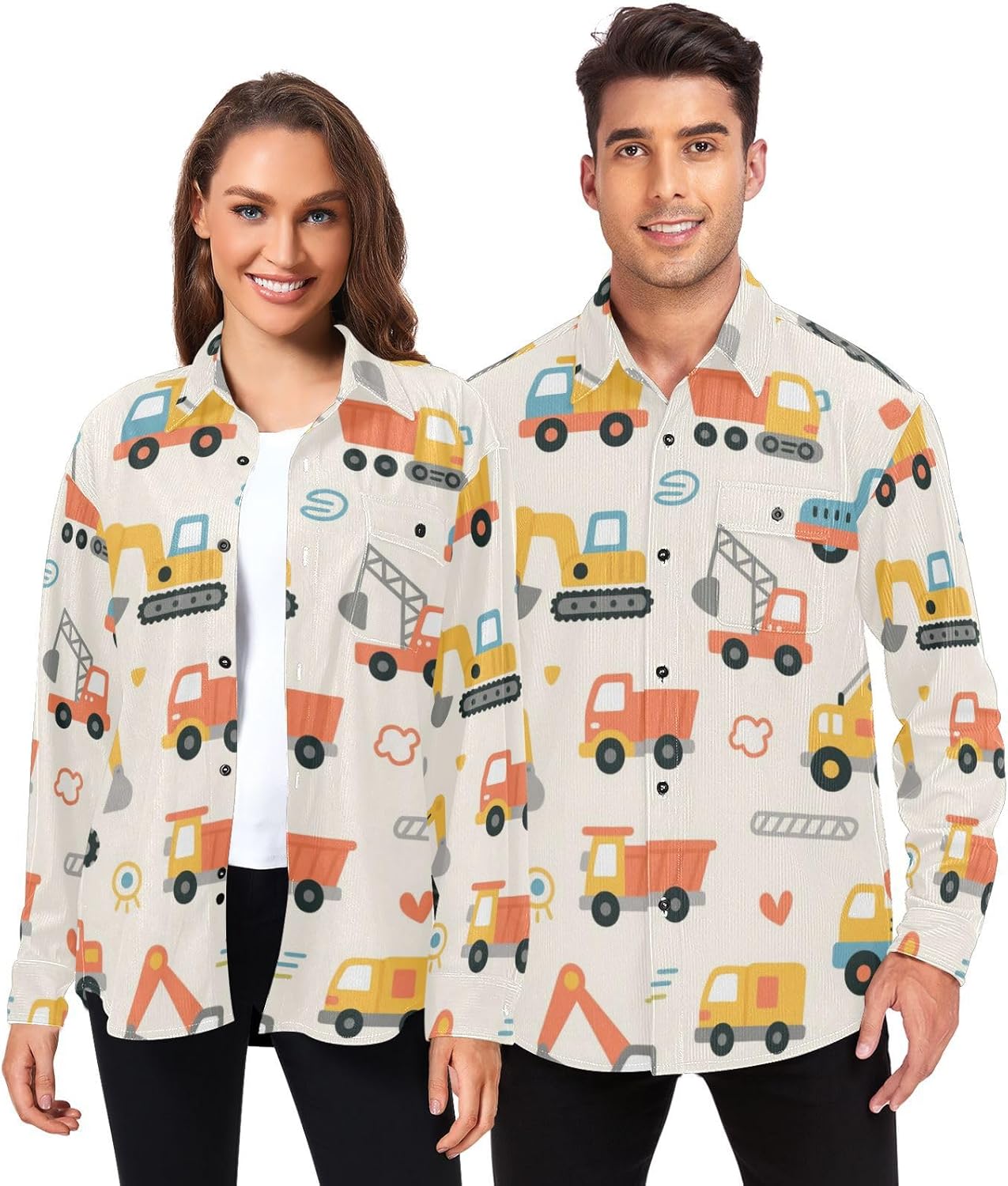 Cartoon Vehicle Off White Colorful Woolen Cord Fabric Long Sleeve Thermal Shirt Men for Women Party with Pockets