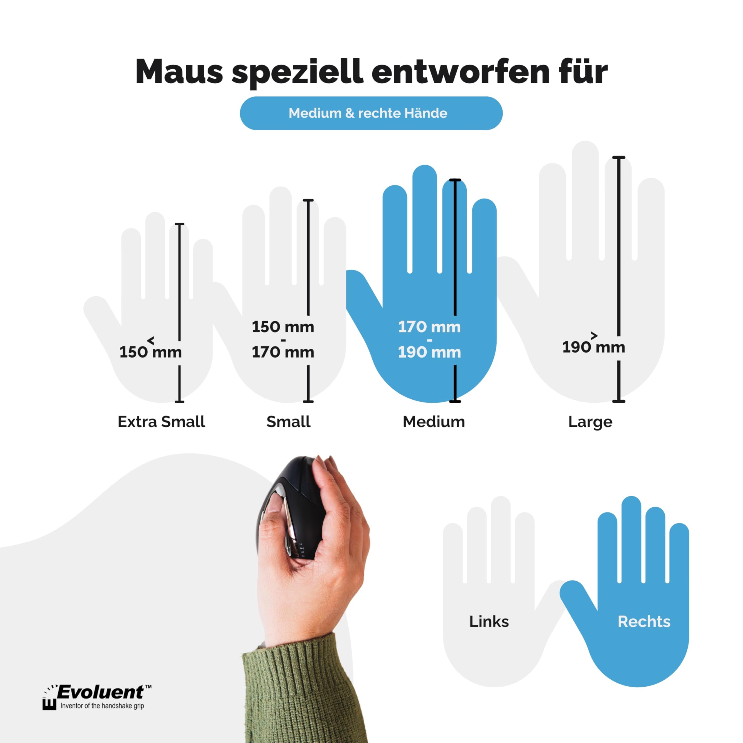 BakkerElkhuizen Evoluent4 Wireless, Vertikale Ergonomische Maus, Computermaus für Büro/Office/Home Windows PC Laptop, Rechtshänder, Kabellos, schwarz/blau/Silber