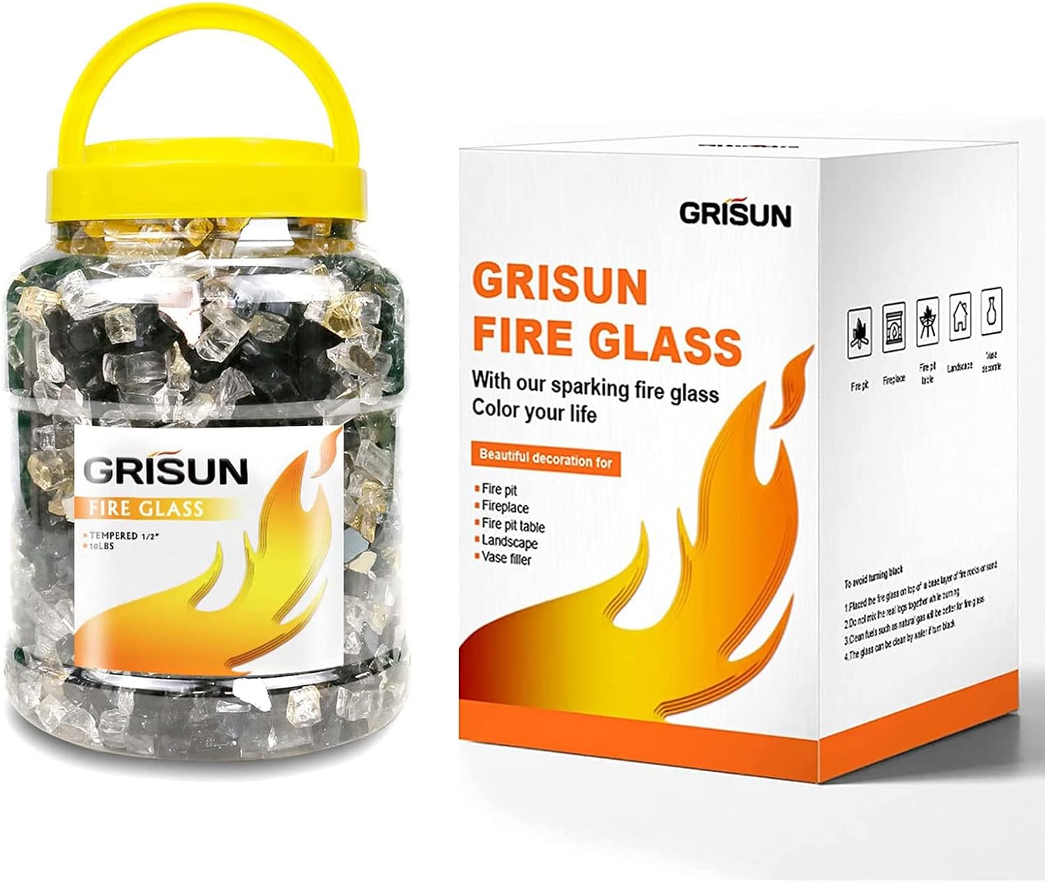 GRISUN 30 Pounds Fire Glass for Fire Pit - 1/2 inch High Luster Reflective Tempered Glass Rocks, Decorative for Natural or Propane Fireplace, Blend of Ultra Clear, Gold, Black