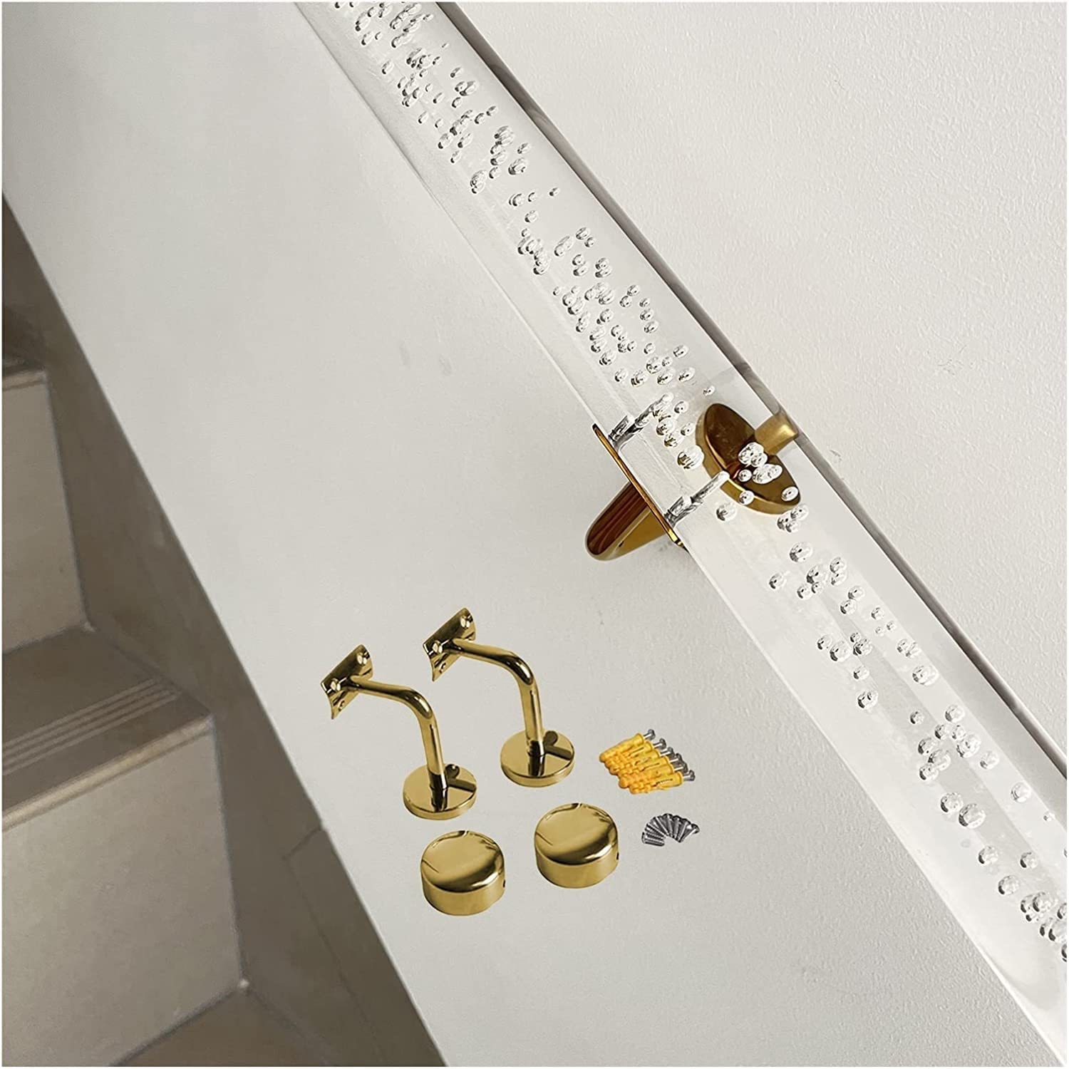 Jiajujia Gold Stair Handrail Clear Acrylic For Indoor Staircase, Mobility Aids Banister For Disabled Safety, Complete Kit