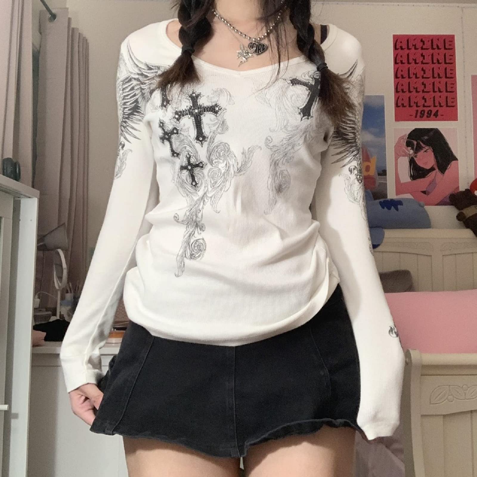 Damskie topy Y2K z długim rękawem wróżka grunge estetyczne koszule nastolatki vintage graficzne slim fit koszulki