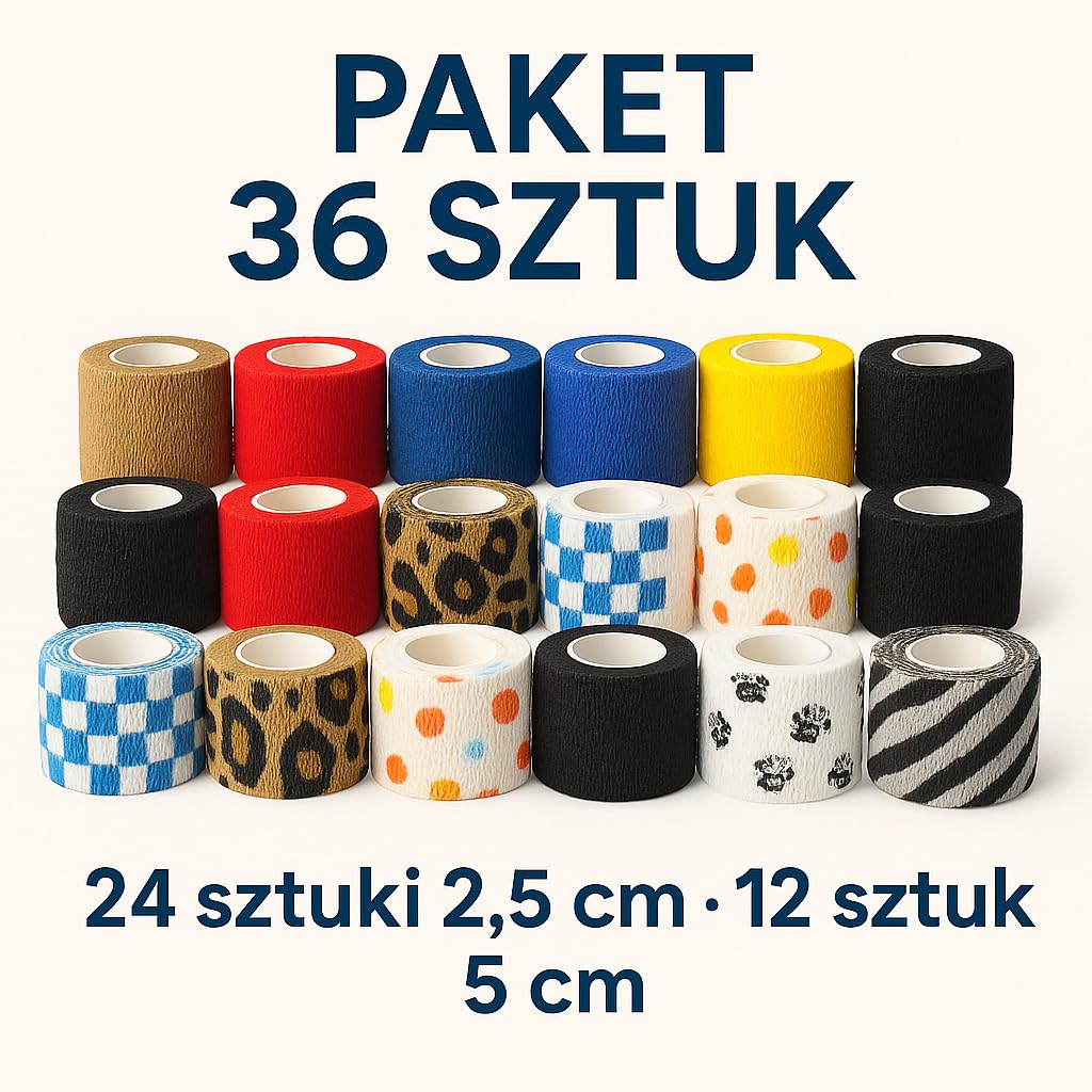 Sportowy bandaż samoprzylepny 36 szt. - Elastyczna taśma klejąca na rzep 2,5 i 5 cm - oddychająca, wodoodporna - do pielęgnacji zwierząt i ludzi - kolorowa i hipoalergiczna