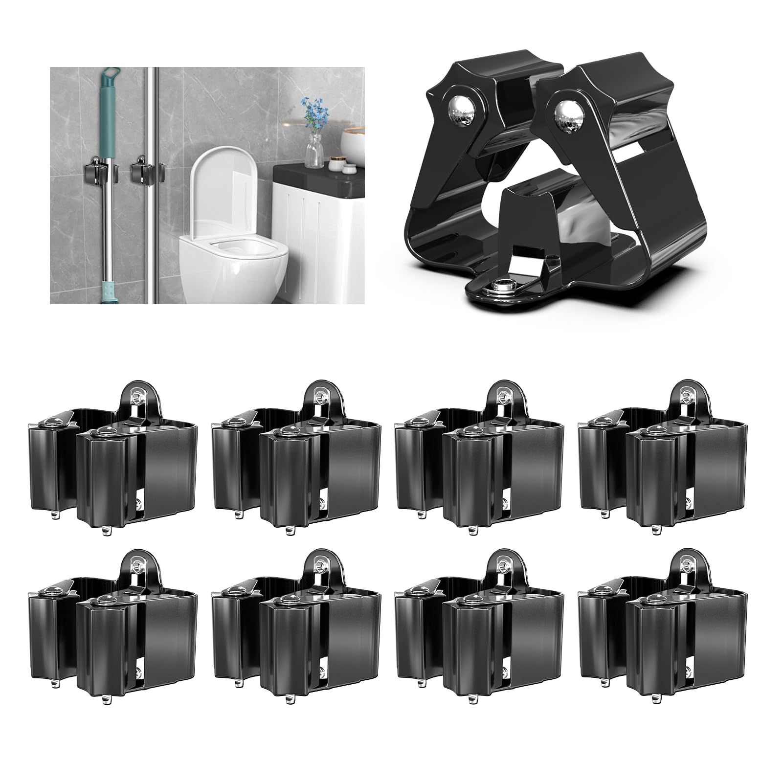Mop And Broom Holder, Wall Mounted Organizer-Mop And Broom Storage Tool Rack With 4 Ball Slots And 5 Hooks - View #4