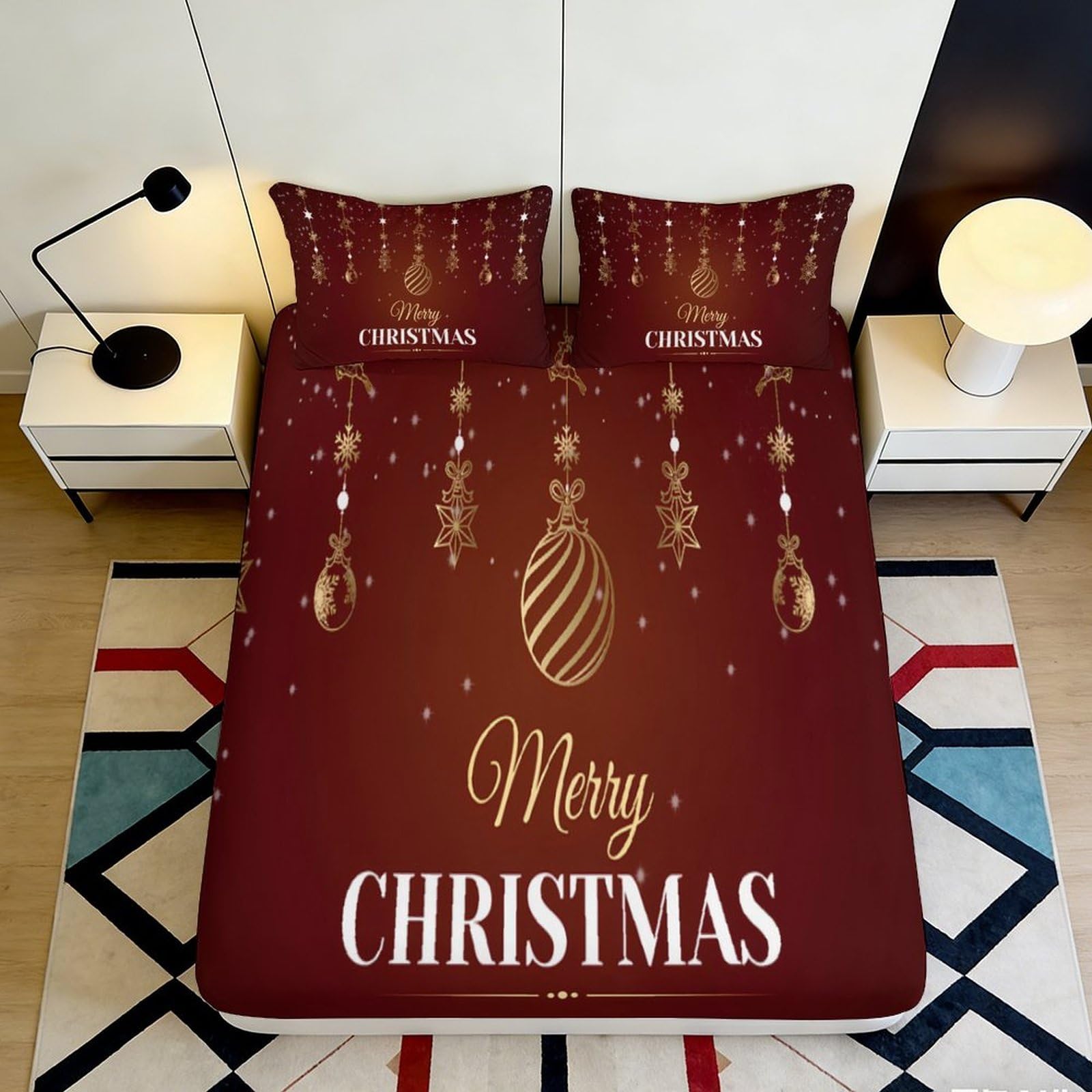 Jwndfkpvxzgl Style-7 3D Printed Christmas Ornament Fitted Sheet Microfiber Bedroom Decor Red Merry Christmas Bed Cover For Adults Teens 90X200x25cm