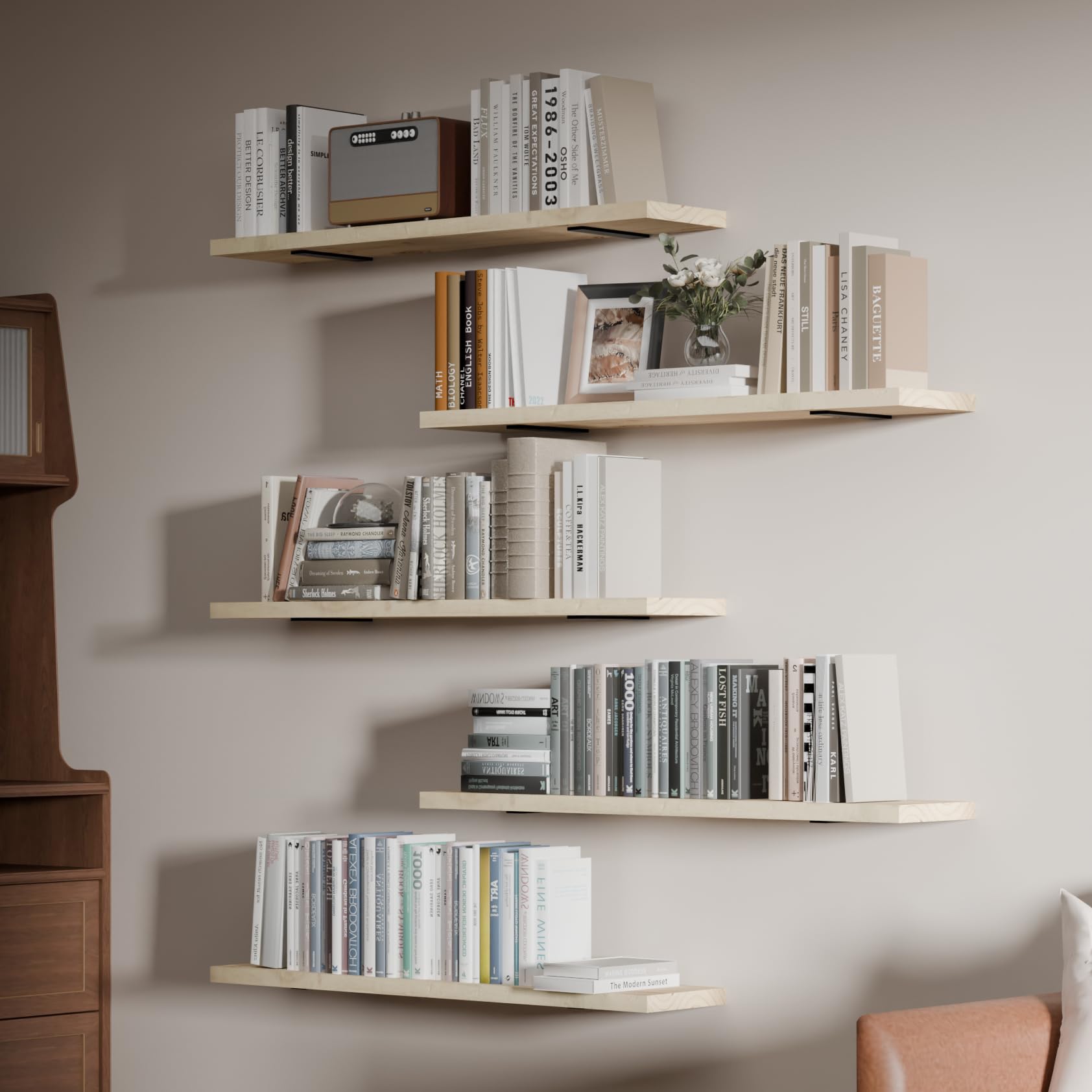 5 Tier Book Shelf,Unfinished Wooden 36 Inch Floating Shelf for Wall,Solid Natural Long Wood Shelf,Wall Mounted Bookshelf for Living Room