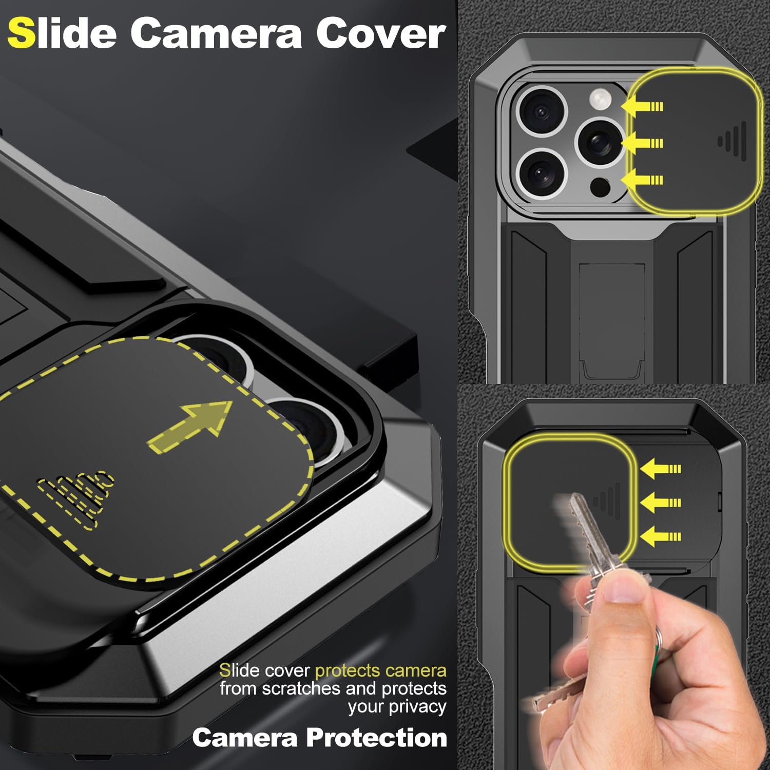 Compatible For iPhone 16 Pro Max 5G Case, Aluminum Metal Gorilla Glass Shockproof Military Heavy Duty Sturdy Protector Cover Hard Case with Sliding Camera Cover & Screen Protector & Kickstand (Black)