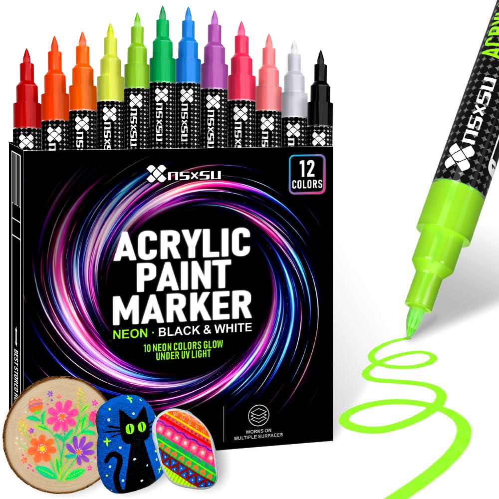 12 Acrylic Paint Markers, 10 Neon UV Colors + Black White, 0.7mm Fine Tip