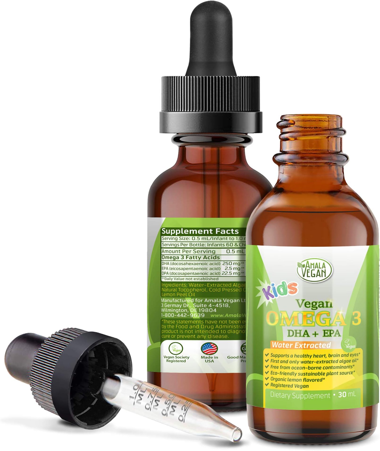 Omega 3 for Kids - Organic Lemon, Vegan, Liquid Supplement - Kids Fish Oil with DHA, EPA, DPA Fatty Acids - Plant Based Algae Oil - Immune, Heart, Brain Health for Children- 30-60 Doses