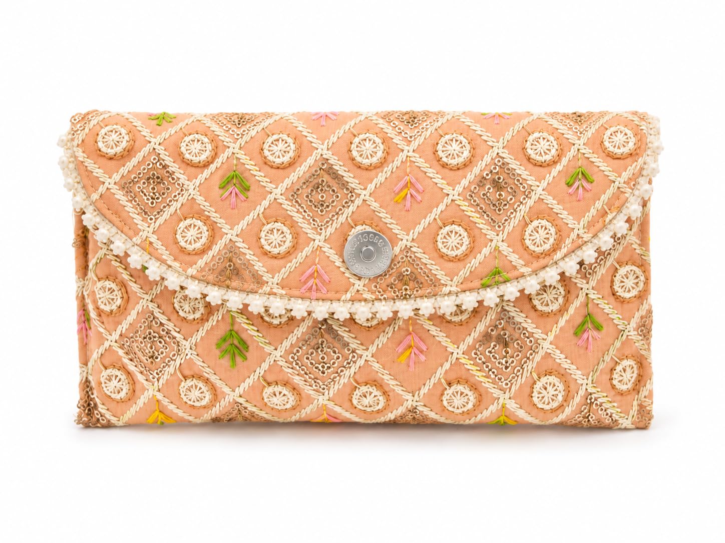 Embroidered Clutch Purse, Peach, Sequin and Pearl Work, Envelope Style, Magnetic Snap Closure, Indian Ethnic-image-23