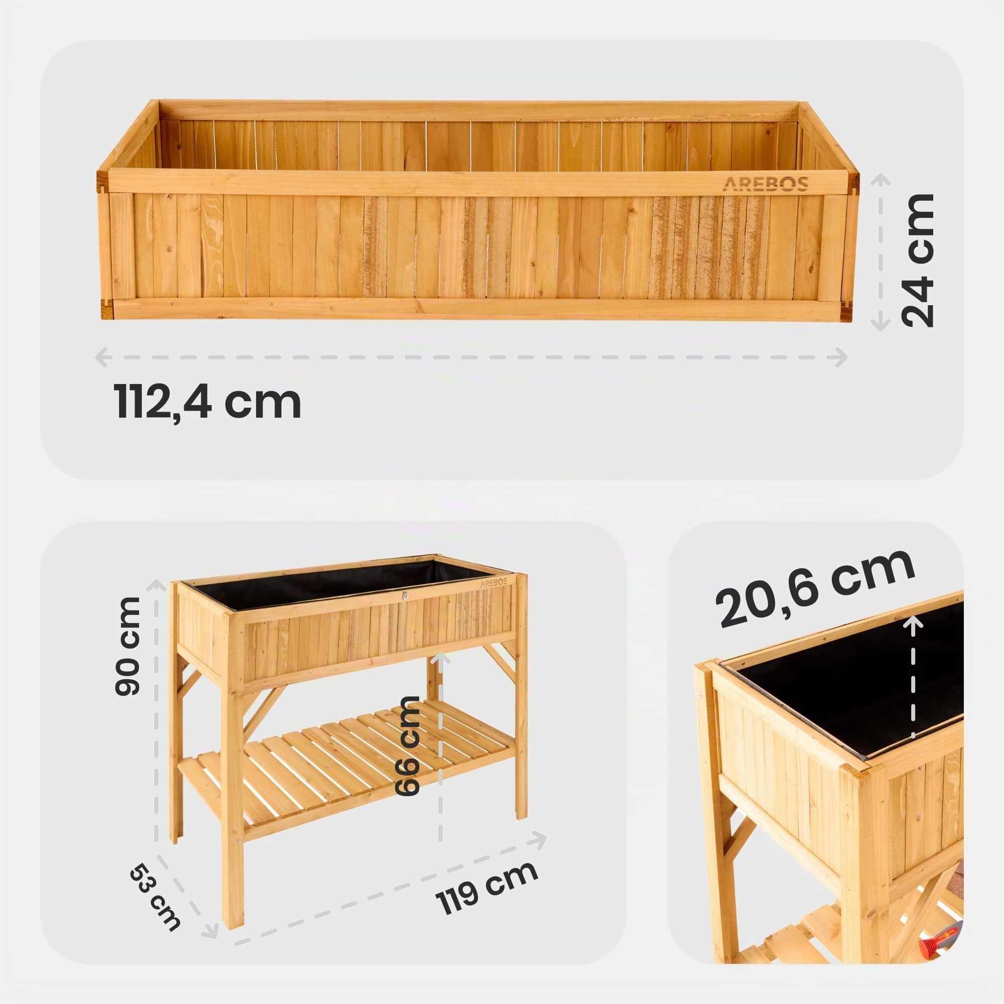 Arebos Jardinière surélevée en bois avec compartiment de rangement | Pour jardin, balcon et terrasse | Intérieur équipé d'un non-tissé de protection | 119 x 53 x 90 cm