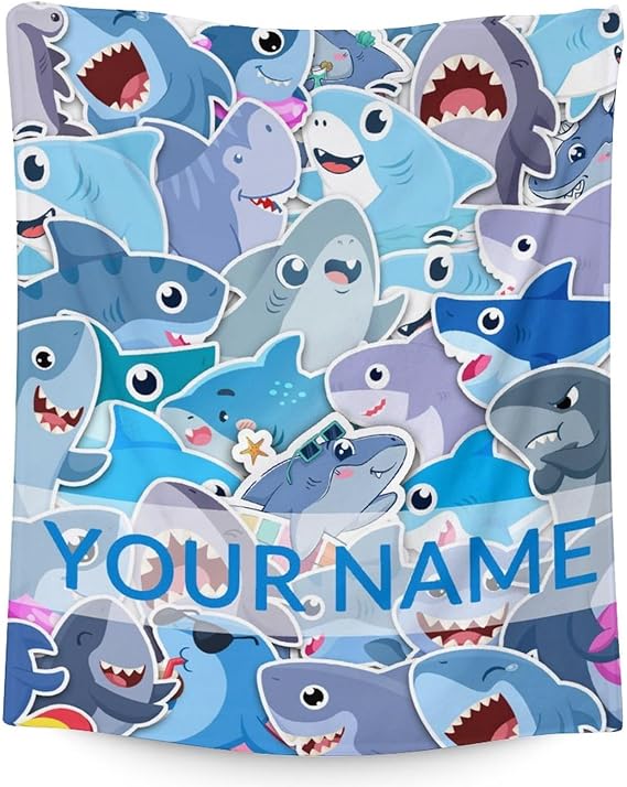 Personalized Shark Blanket Gifts with Name - 30"x40" Cute Throw Blanket for Kids & Adults - Blue Soft Fuzzy Blankets for Couch & Office