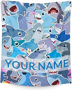 Personalized Shark Blanket Gifts with Name - 30"x40" Cute Throw Blanket for Kids & Adults - Blue Soft Fuzzy Blankets for Couch & Office