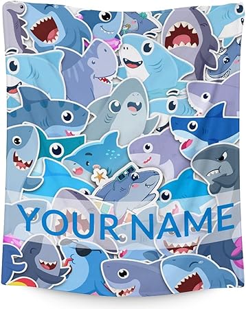 Personalized Shark Blanket Gifts with Name - 30"x40" Cute Throw Blanket for Kids & Adults - Blue Soft Fuzzy Blankets for Couch & Office