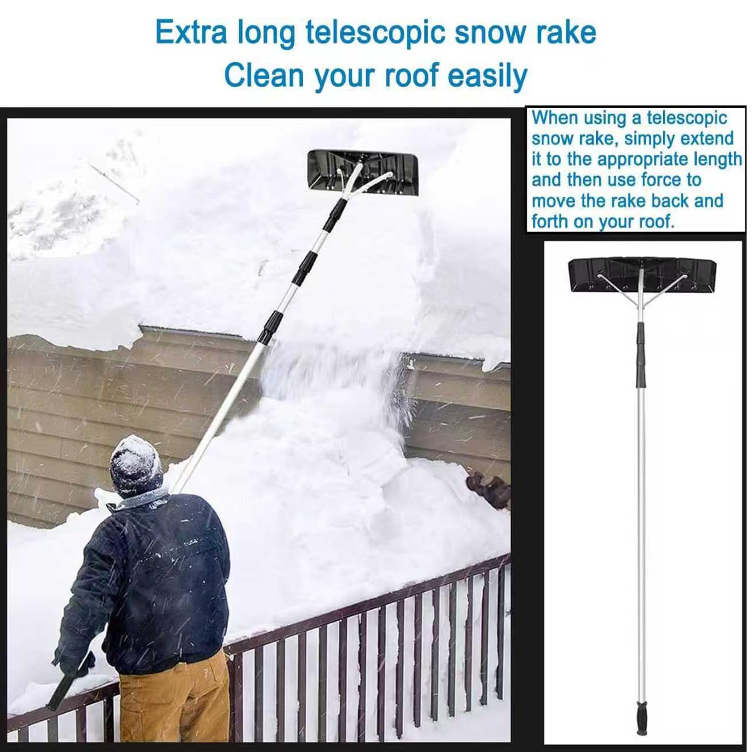 Rastrillo de nieve, ajustable de 1,9 a 6,3 m, herramienta telescópica de aluminio ligero para quitar la nieve de techo y panel solar, fácil limpieza para personas mayores