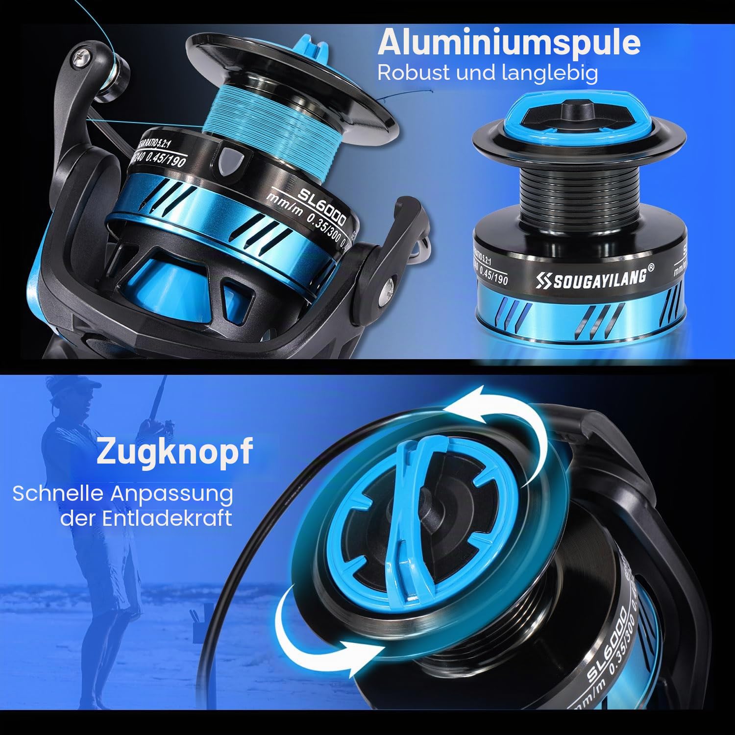 Yun Nong Angelrute und Rolle Combo – 4-teilige, tragbare, leichte Wurfrute mit Spinastrolle, 3,5 m/45,7 cm Länge, für Süß- und Salzwasser, Reiseangel-Set