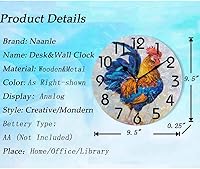Vista 3 de Naanle Elegante reloj de pared redondo con estampado de gallo colorido, 9.5 pulgadas, funciona con pilas, reloj de escritorio analógico silencioso