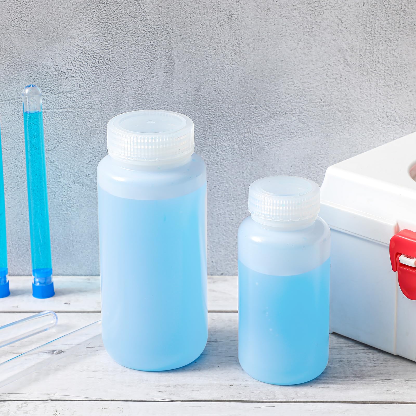 Tatuo 30 botellas de muestra de plástico de 8 onzas, botella de reactivo de boca ancha con tapas de rosca, botellas de almacenamiento de líquidos translúcidos de polietileno para laboratorio y aula,