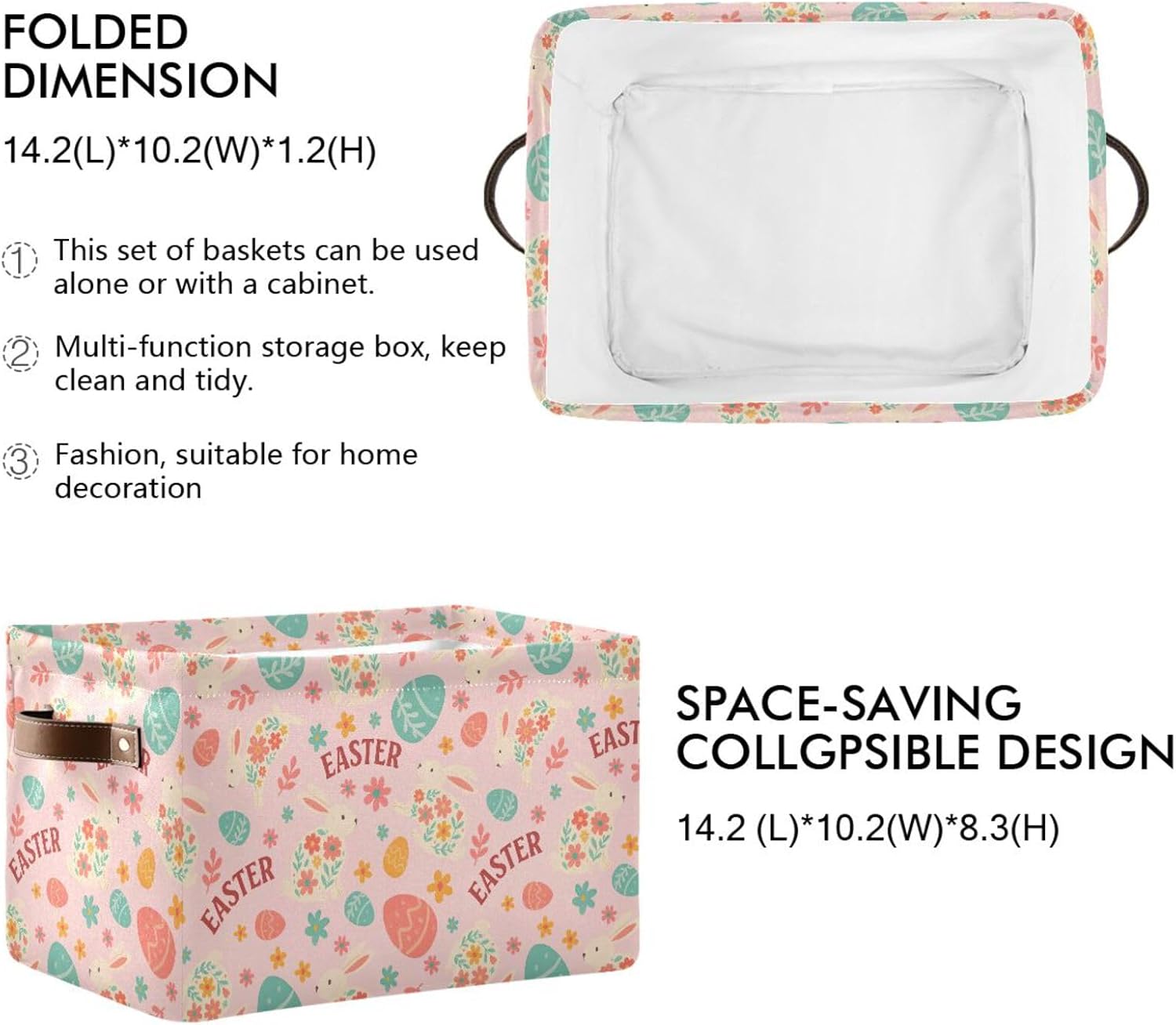 Emelivor Easter Bunnies Pink Storage Basket Bins Foldable Laundry Hamper Storage Bins Box Organizer for Pet Books Clothes Makeup Closet Office,1 pcs