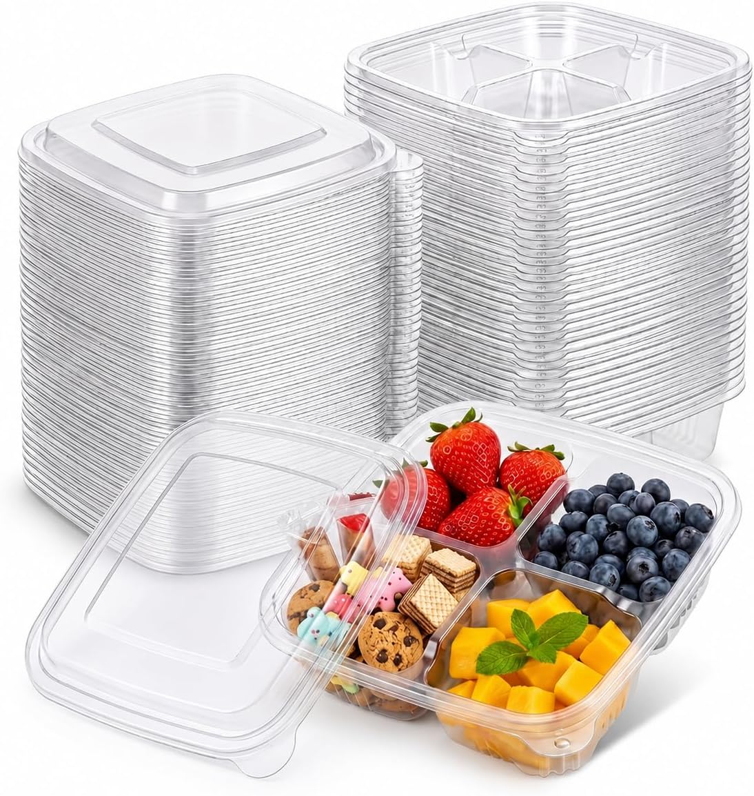 50 Pcs Snack Containers, 4 Compartment Bento Box with Lids, Plastic Food Storage Containers for Work Travel Camping(Clear)