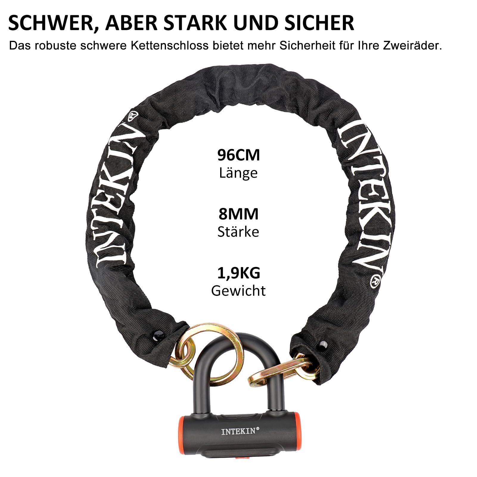 Antivol de chaîne de vélo en acier trempé de 8 mm de long - 96 cm de long - Chaîne antivol de moto/vélo avec cadenas à étrier, haute sécurité, antivol blindé pour vélo électrique, moto,