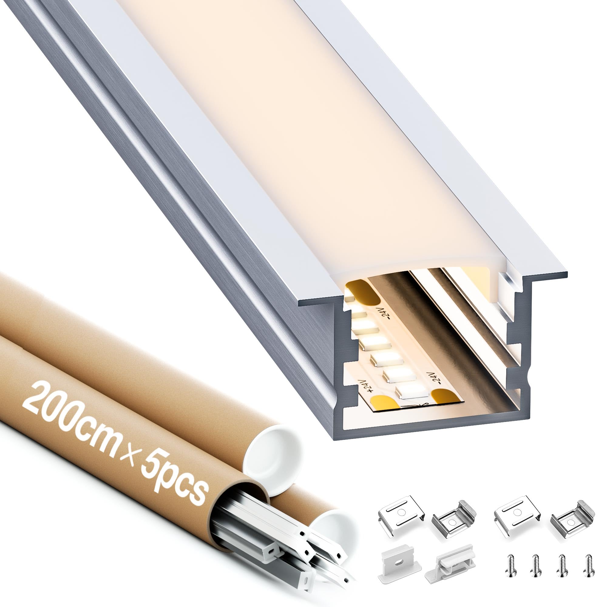 5 x Profili in Alluminio da 2 m (Totale 10 m) per Strisce LED, Canalina LED e Diffusore Striscia LED, con Tappi e Clip di Montaggio, Max Striscia LED 15 mm - Dimensione 27.2 x 15 mm (5*2M=10M)