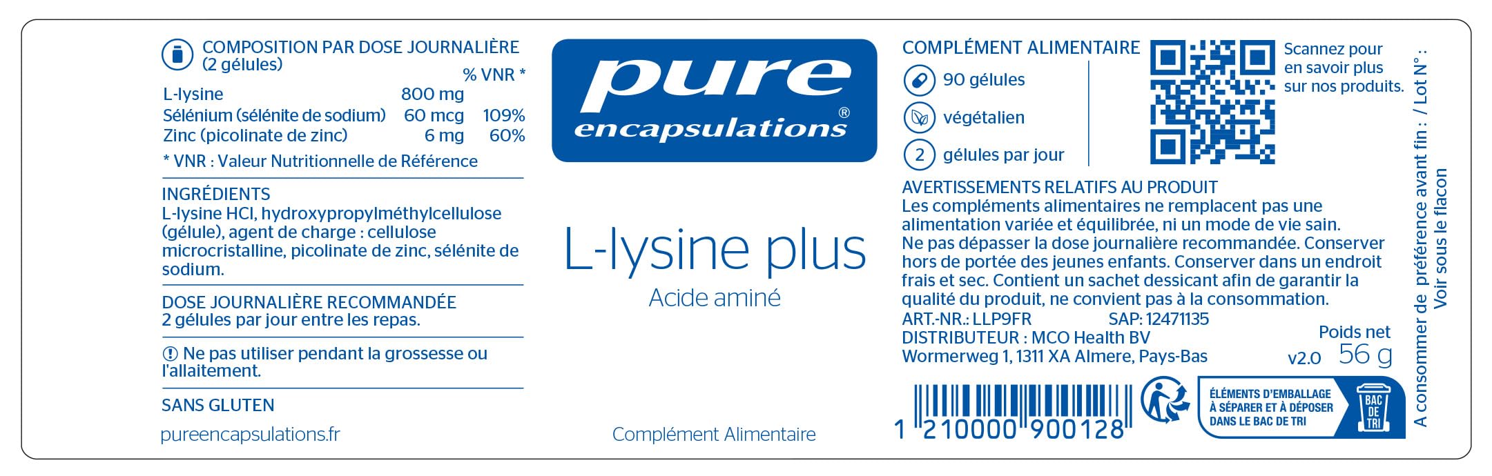 Pure Encapsulations - L-Lysine Plus - Acide Aminé Essentiel avec Sélénium & Zinc - Supplément Hypoallergenique - 90 Gélules Véganes