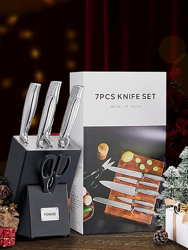 Miniatura 8 de FOHERE - Juego de 7 cuchillos de acero inoxidable de alto carbono con bloque, 4 afiladores integrados, juego de cuchillos de cocina de textura