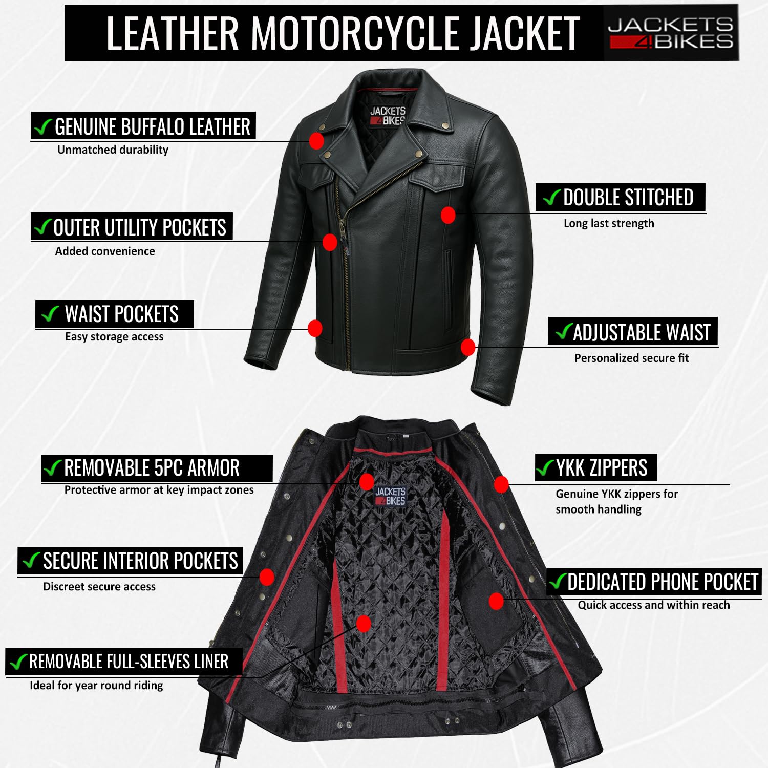 OUTRIDER Mens Motorcycle Jacket Premium Natural Buffalo Leather CE Armor Utility Pockets Biker Touring Black L — view 6