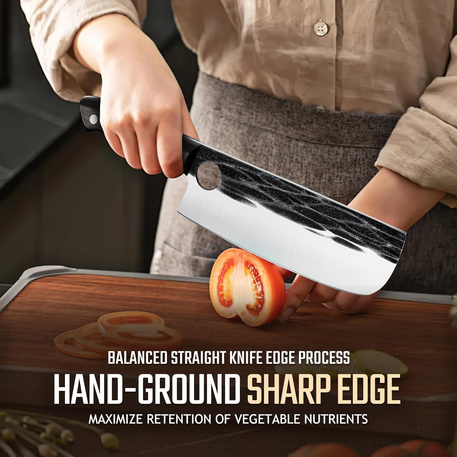 Huusk Japanese Nakiri Knife, 7 Inch Vegetable Chopping Knives with Full Tang Design, Hand Forged Cleaver with Ebony Handle, Japanese Kitchen Knife for Meat Cutting,Christmas Gift for Men and Women - Image 2