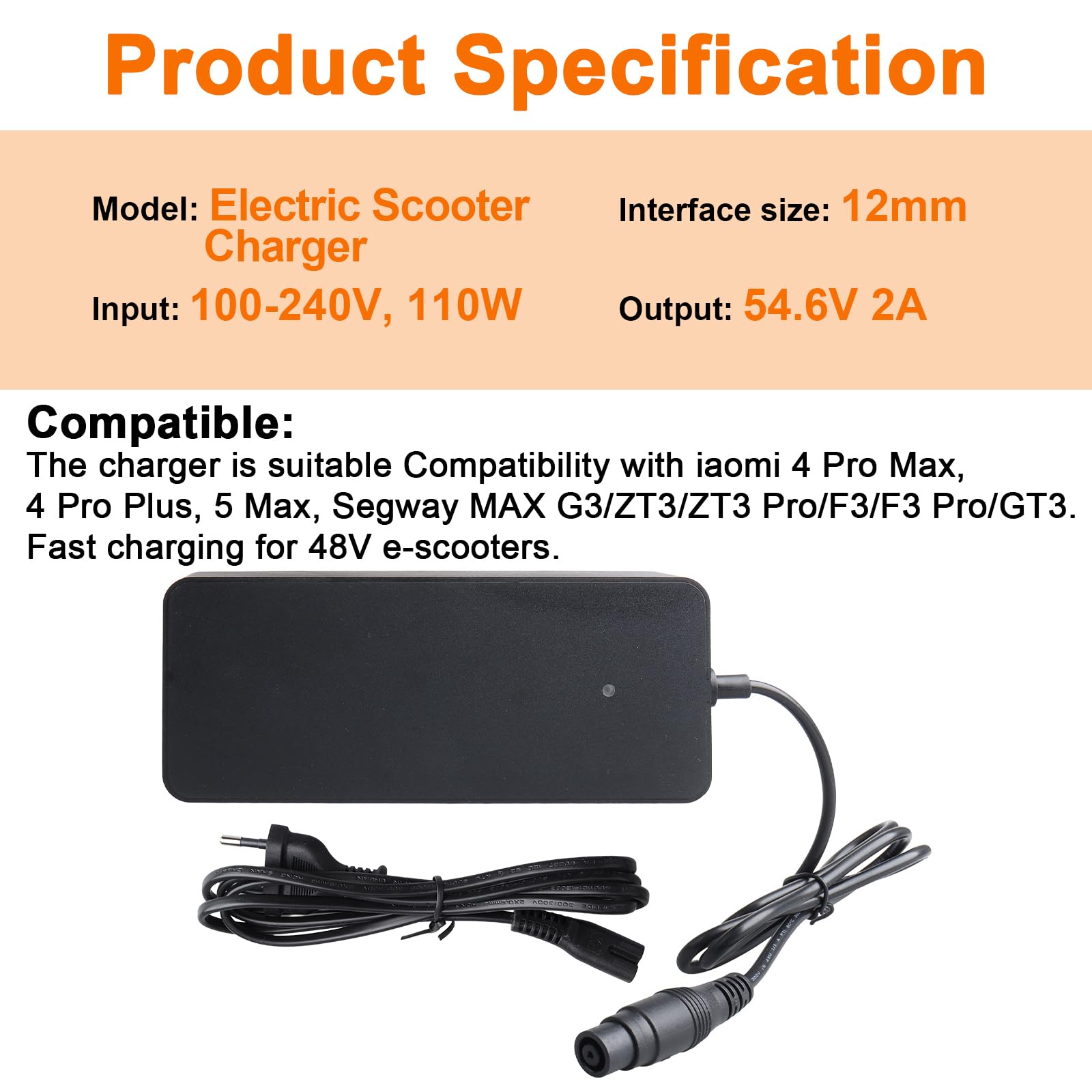 Chargeur de Scooter électrique 54.6V 2A, Compatibilité avec Xiaomi 4 Pro Max, 4 Pro Plus, 5 Max, Segway Max G3/ZT3/ZT3 Pro/F3/F3 Pro/GT3 pour 48V Batterie au Lithium Hoverboard, Connecteur 12 mm