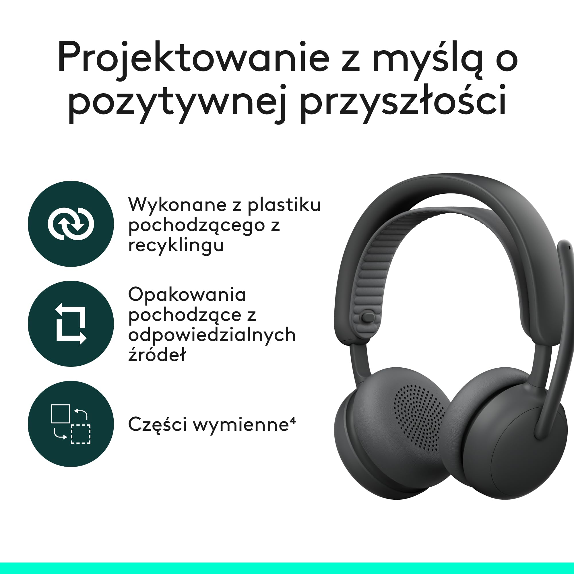 Logitech Zone Wireless 2 ES – bezprzewodowy zestaw słuchawkowy z redukcją szumów i adaptacyjnym hybrydowym ANC, Bluetooth, grafitowy